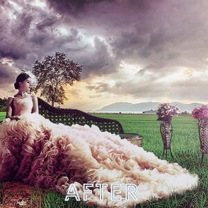 Pu&ograve; includere: Una donna con un abito da sposa bianco &egrave; seduta su una panchina in un campo con un cielo tempestoso sullo sfondo. L'immagine &egrave; divisa in due parti, mostrando il prima e il dopo di un effetto di fotoritocco.