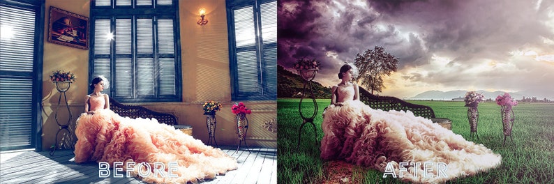 Pu&ograve; includere: Una donna con un abito da sposa bianco &egrave; seduta su una panchina in un campo con un cielo tempestoso sullo sfondo. L'immagine &egrave; divisa in due parti, mostrando il prima e il dopo di un effetto di fotoritocco.