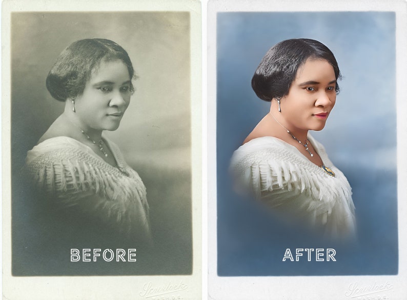 May include: A black and white photo of a woman wearing a white dress with a lace trim. The photo has been colorized, showing the woman's dress in a cream color and the background in a blue color. The photo is labeled "BEFORE" and "AFTER" to show the difference between the original and colorized versions.