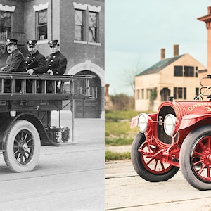 May include: A vintage fire truck in black and white and color. The truck is red with a wooden ladder on the back. There are five firefighters in uniform standing on the back of the truck.