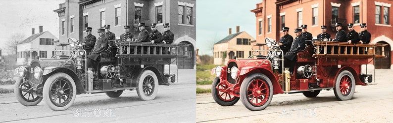 May include: A vintage fire truck in black and white and color. The truck is red with a wooden ladder on the back. There are five firefighters in uniform standing on the back of the truck.
