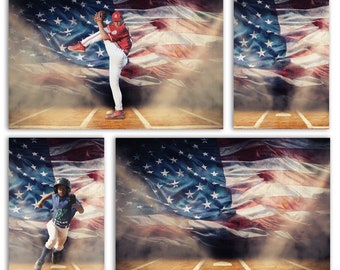 Baseball Backdrop, Softball, Sport Background, Digital backdrop, Baseball Field, American Flag, Foggy, Light Rays, Add Your Own Subject, New
