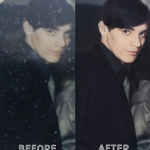 May include: A side-by-side comparison of a man's appearance, showing a before and after photo. The before photo shows a younger man with a dark, short haircut, wearing a dark suit jacket and a light-colored tie. The after photo shows the same man, now older, with a longer, darker haircut, wearing a black suit jacket and a striped tie.