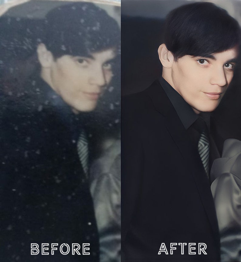May include: A side-by-side comparison of a man's appearance, showing a before and after photo. The before photo shows a younger man with a dark, short haircut, wearing a dark suit jacket and a light-colored tie. The after photo shows the same man, now older, with a longer, darker haircut, wearing a black suit jacket and a striped tie.