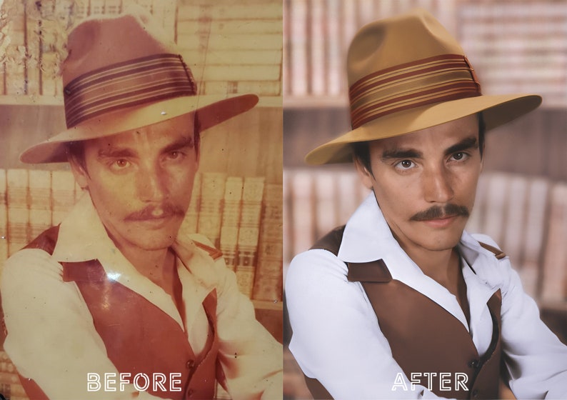 May include: A before and after photo of a man wearing a brown fedora with a brown and tan striped band. The photo on the left is a faded, vintage photo. The photo on the right is a color photo with the man's face retouched.
