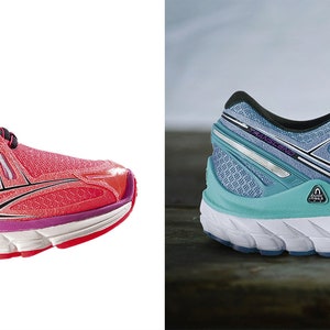 Pu&ograve; includere: Un paio di scarpe da corsa, una rosa e una blu, con suole bianche e dettagli neri. Le scarpe sono mostrate una accanto all'altra, con la rosa a sinistra e la blu a destra. La parola "PRIMA" &egrave; scritta sotto la scarpa rosa e la parola "DOPO" &egrave; scritta sotto la scarpa blu.