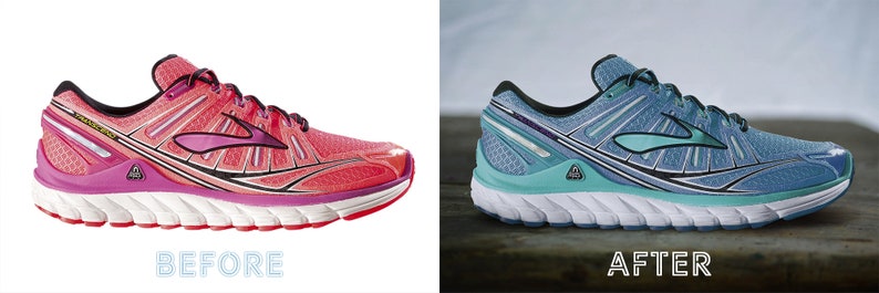 Pu&ograve; includere: Un paio di scarpe da corsa, una rosa e una blu, con suole bianche e dettagli neri. Le scarpe sono mostrate una accanto all'altra, con la rosa a sinistra e la blu a destra. La parola "PRIMA" &egrave; scritta sotto la scarpa rosa e la parola "DOPO" &egrave; scritta sotto la scarpa blu.