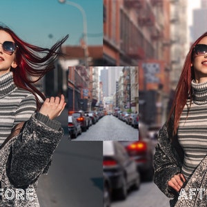 Pu&ograve; includere: Una donna con i capelli rossi che indossa occhiali da sole e un maglione a collo alto a righe cammina per una strada di citt&agrave;. Lo sfondo &egrave; sfocato per creare un effetto bokeh.