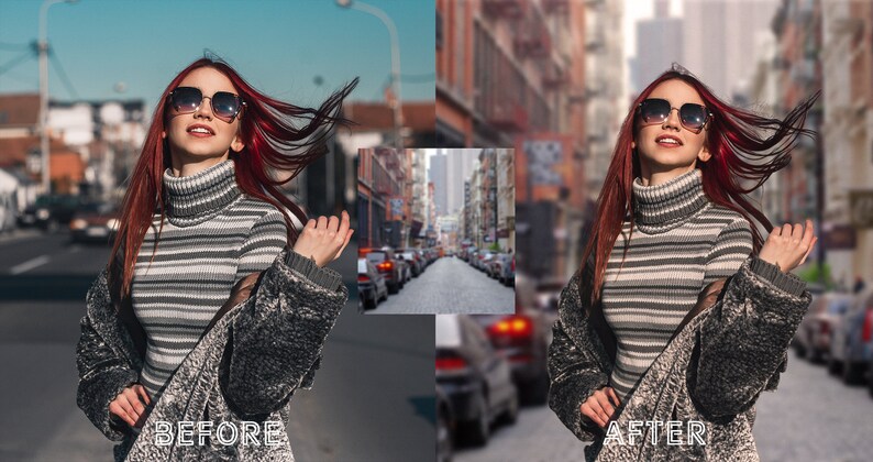 Pu&ograve; includere: Una donna con i capelli rossi che indossa occhiali da sole e un maglione a collo alto a righe cammina per una strada di citt&agrave;. Lo sfondo &egrave; sfocato per creare un effetto bokeh.