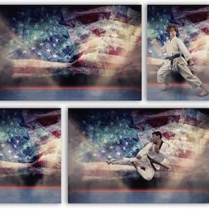 Martial Arts Backdrop, Karate, Dojo, Tatami Mat, Digital backdrop, American Flag, Foggy, Light Rays