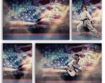 Martial Arts Backdrop, Karate, Dojo, Tatami Mat, Digital backdrop, American Flag, Foggy, Light Rays