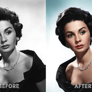 May include: A black and white photo of a woman with dark hair and a black dress. The photo has been colorized, and the woman's eyes are now green. The text "BEFORE" appears below the photo on the left, and the text "AFTER" appears below the photo on the right.