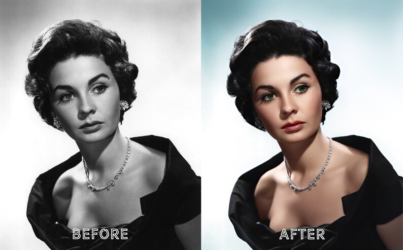 May include: A black and white photo of a woman with dark hair and a black dress. The photo has been colorized, and the woman's eyes are now green. The text "BEFORE" appears below the photo on the left, and the text "AFTER" appears below the photo on the right.
