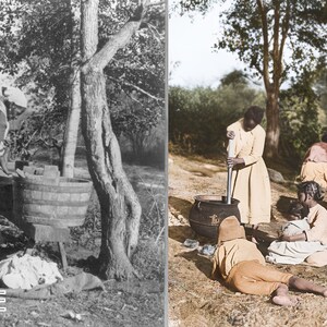 May include: A black and white photo of a group of people washing clothes in a tub, with a colorized version of the same photo next to it. The people are wearing long dresses and are standing around a wooden tub. There are trees in the background.