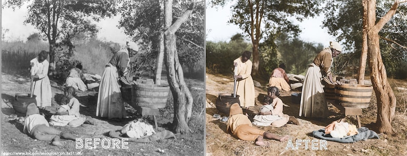May include: A black and white photo of a group of people washing clothes in a tub, with a colorized version of the same photo next to it. The people are wearing long dresses and are standing around a wooden tub. There are trees in the background.