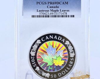 PCGS PR69 DCAM 2015 Royal Canadian Mint - Lustrous Maple Leaves Holographic 5oz .999 Fine Silver Proof 50 Dollar Coin | Silver Bullion Coin