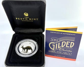 2019 Gilded Australian Kangaroo 1oz .999 Fine Silver Coin w/ COA | Gilded Coin | Silver Coin | Collectible Coin | Bullion | Silver Bullion