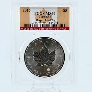 2016 Canadian Maple Leaf 5 Dollar .9999 Fine Silver 1oz Coin | PCGS Certified MS69 | Certified Coin | Collectible Coin | Silver Coin