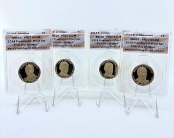 2014-S ANACS PR70 DCAM Four Coin Presidential Dollar Proof Set | First Day of Issue Set | Coin Set | Collectible Coins | Certified Coins