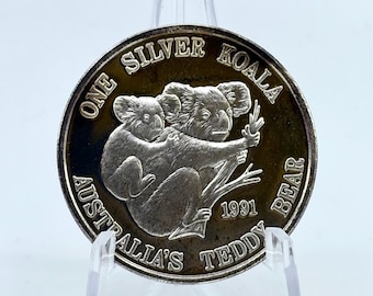 1991 Koala Australia's Teddy Bear .999 Fine Silver 1oz Round | New Queensland Mint | Silver Coins | Collectible Coins | Silver Bullion