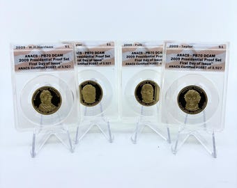 2009 ANACS PR70 DCAM Four Coin Presidential Dollar Proof Set | First Day of Issue Set | Coin Set | Collectible Coins | Certified Coins