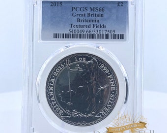 PCGS MS66 2015 The Royal Mint: Great Britain - Britannia w/ Textured Fields 2 British Pounds 1oz .999 Fine Silver Proof-Like Coin | Bullion