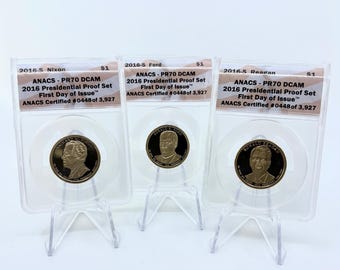 2016-S ANACS PR70 DCAM Three Coin Presidential Dollar Proof Set | First Day of Issue Set | Coin Set | Collectible Coins | Certified Coins