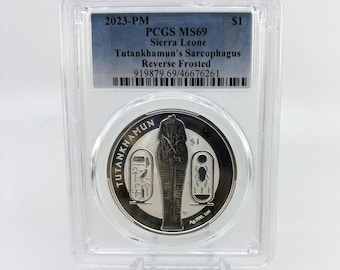2023-PM PCGS MS69 Sierra Leone Tutankhamun's Sarcophagus Reverse Frosted 1oz .999 Fine Silver Coin | Certified Bullion | Collectible Silver