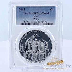 PCGS PR70 DCAM 2015 Petra 1oz .999 Fine Silver Proof 2 Dollar Niue Coin | Silver Bullion | Bullion Coin | Graded Coin | Collectible Silver