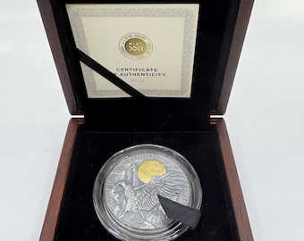 Moneda de plata fina .999 de Ghana American Eagle de 2 oz, estilo antiguo, bañada en oro, de 2022, en caja con certificado de autenticidad / Vida salvaje a la luz de la luna / Plata de colección / Y10