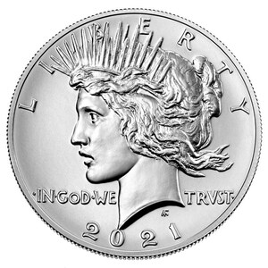 May include: A silver American Eagle coin with a profile of Liberty on the obverse. The coin features the inscription "LIBERTY" above the profile and "IN GOD WE TRUST" and "2021" below the profile.