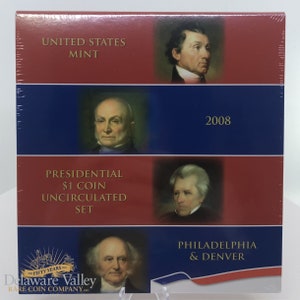 May include: A red, white, and blue package containing a 2008 United States Presidential $1 Coin Uncirculated Set. The package features images of the presidents on the coins and the text "United States Mint", "Presidential $1 Coin Uncirculated Set", "Philadelphia & Denver", and "2008".