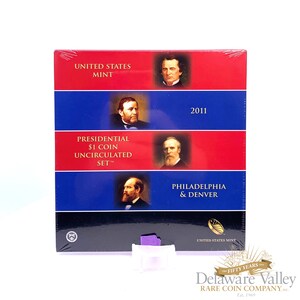 May include: A red, white, and blue box containing a 2011 United States Presidential $1 Coin Uncirculated Set. The box features images of four presidents and the text "United States Mint", "Presidential $1 Coin Uncirculated Set", "Philadelphia & Denver", and "2011".