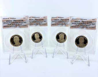 2015-S ANACS PR70 DCAM Four Coin Presidential Dollar Proof Set | First Day of Issue Set | Coin Set | Collectible Coins | Certified Coins