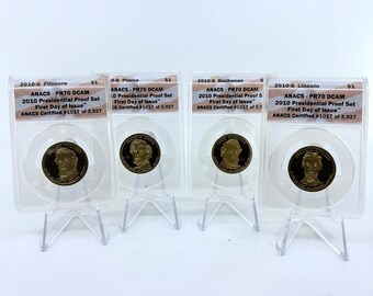 2010-S ANACS PR70 DCAM Four Coin Presidential Dollar Proof Set | First Day of Issue Set | Coin Set | Collectible Coins | Certified Coins