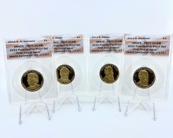 2011-S ANACS PR70 DCAM Four Coin Presidential Dollar Proof Set | First Day of Issue Set | Coin Set | Collectible Coins | Certified Coins
