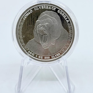 Moneda de plata gorila de espalda plateada del Congo de 2015, 1 oz, 0.999, lingote de plata, moneda de plata, moneda coleccionable, plata coleccionable imagen 1