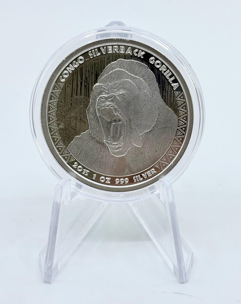 Moneda de plata gorila de espalda plateada del Congo de 2015, 1 oz, 0.999, lingote de plata, moneda de plata, moneda coleccionable, plata coleccionable imagen 1
