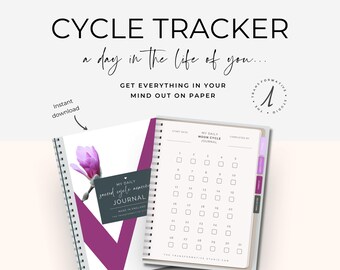 Może przedstawiać: Biały i szary notes w spirali z tekstem "My Daily Moon Cycle Journal" na okładce. Notes ma różową i fioletową wstążkę jako zakładkę i różowy kwiatowy wzór na okładce.