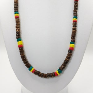 18&quot; Brown Coconut and Rasta Necklace, Hawaiian Necklace, Unisex Necklace, Beach Jewelry