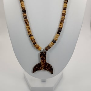 Brown Coconut Necklace: Whale Tail Pendant, Boho Surfer Jewelry