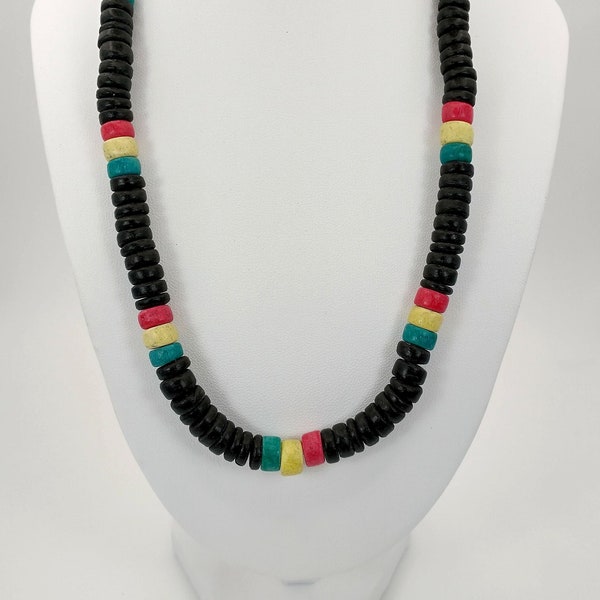 18" Black Coconut and Rasta Bohemian Necklace, Surfer Necklace,  Gift for Him, Hawaiian Jewelry, Beach Jewelry, 10mm