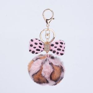 Pom Pom Keychains, Leopard Print, Pink Polka Dot Bowknot, 5.7 Inches, Girls Backpack, School Backpacks, Baby Stroller, gift for mom