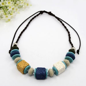21&quot; Lava Rock Beads Necklaces, Adjustable Cord with Turquoise Glass Beads, Marine Blue, 2 pcs