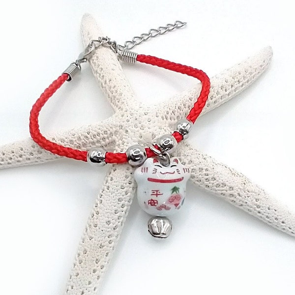 Maneki Neko Bracelet, Porcelain Lucky Cat Bracelets, Feng Shui Lucky Bracelet, Red Cord Bracelets, 2 pcs,