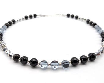 14-16" Handmade Obsidian, Aura Moonstone, Crystal, and Silver Hematite Choker Necklace, Stackable Necklace