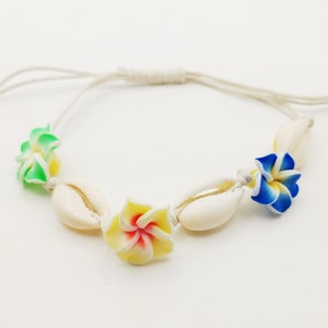 Kauri Muschel Fußkettchen/Armbänder, Plumeria Perlen & Baumwollschnur, Handgemacht, Bunt