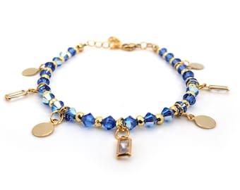 18k Gold Blue Sapphire Crystal and Cubic Zirconia & Gold Heart Charm Bracelet