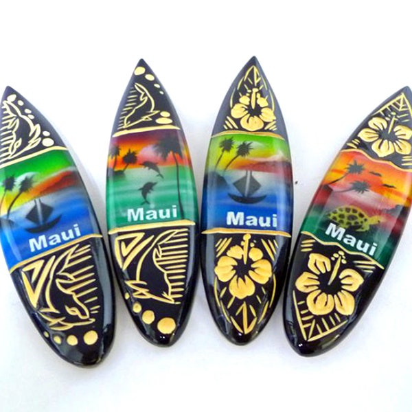 Assorted Maui Airbrushed Wood Carved Surfboard Magnets, 4.72 Inches