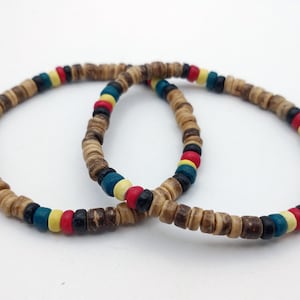 Rasta Coconut Bracelets, Beach Jewelry, Bohemian Jewelry, 2 pcs